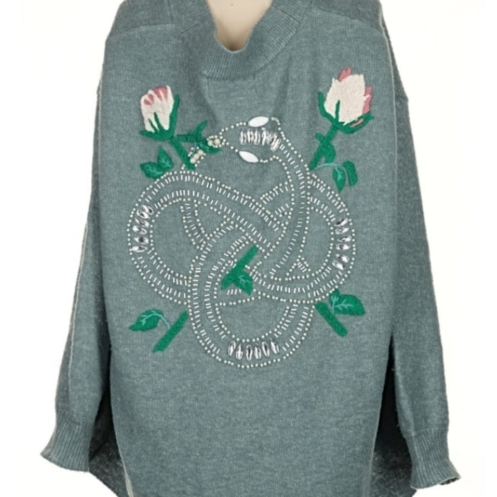 Wildfox Teal Cardigan with Irish Celtic Knot Design Oversized Sm